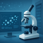 A microscope next to a computer displaying molecular structures and data, set in a lab environment.