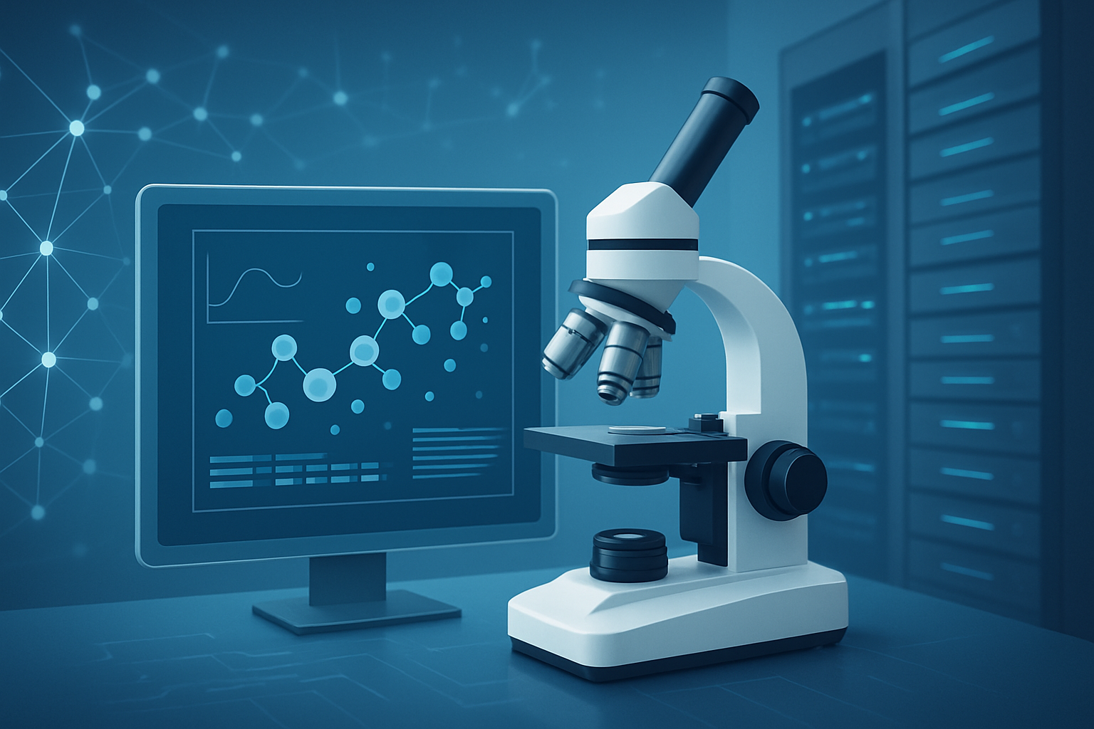 A microscope next to a computer displaying molecular structures and data, set in a lab environment.