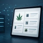 Close-up of a tablet displaying a digital menu of cannabis products against a technology-themed background.