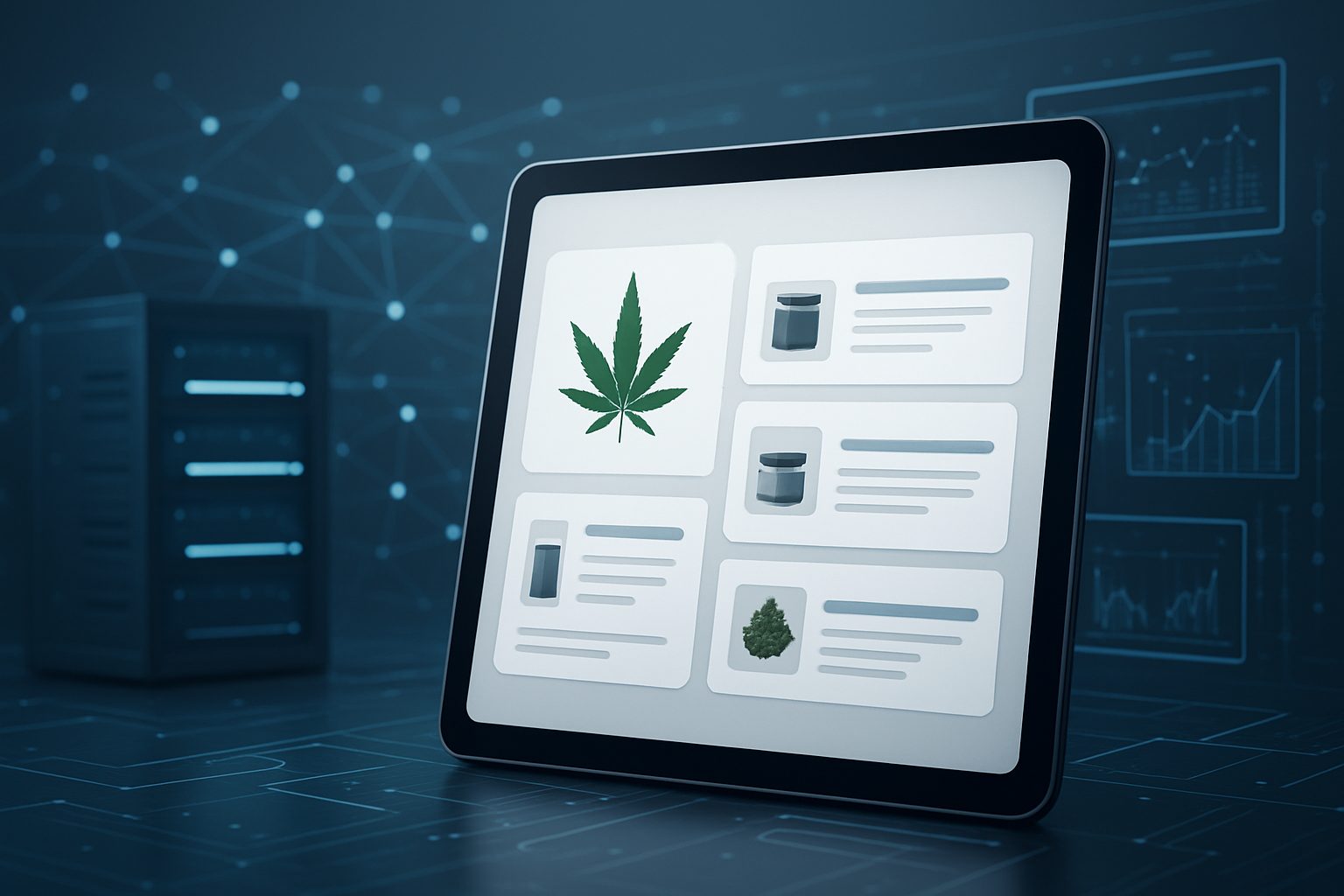 Close-up of a tablet displaying a digital menu of cannabis products against a technology-themed background.